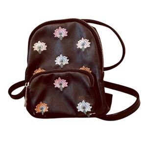 Madden Girl Mini Black Backpack Floral Embroidered Small Travel Purse Bag‎ Cute